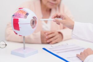 Illustrasjonsbilde av kvinnelig pasient sittende hos lege hvor legens hånd peker med penn mot en modell av et anatomisk øye, ment å illustrere øyesykdom