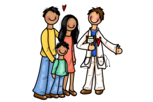 Illustrasjon av familie som møter helsepersonell