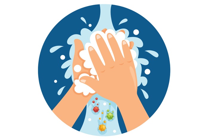 tegning av hender som vaskes, og bakterier som forsvinner