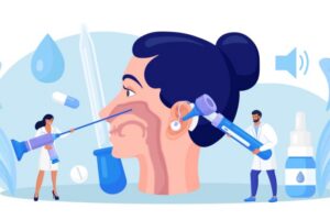 Illustrasjon av øre-nese-hals, helsepersonell som behandler ulike plager