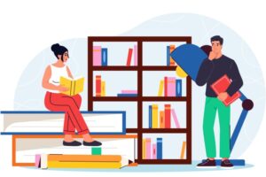 Illustrasjon av to mennesker som leser bøker, en står og en sitter på bøker, bokhylle i bakgrunn