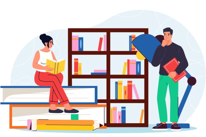 Illustrasjon av to mennesker som leser bøker, en står og en sitter på bøker, bokhylle i bakgrunn