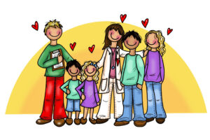 Illustrasjon av mennesker med sol bak