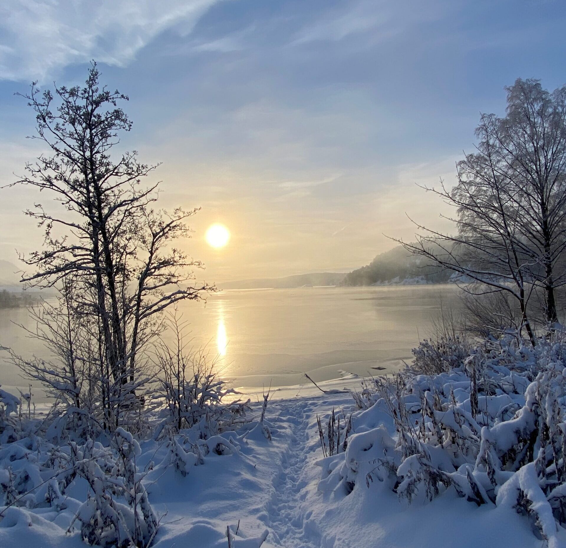 Fotografi av vinter-natur, med havet og en solnedgang