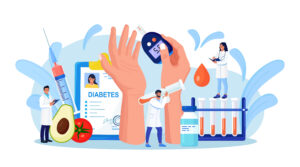 Illustrasjon relatert til diabetes. Hender som tas blodprøve av, lege som bærer på reagensrør, ulike grafer og sunn frukt
