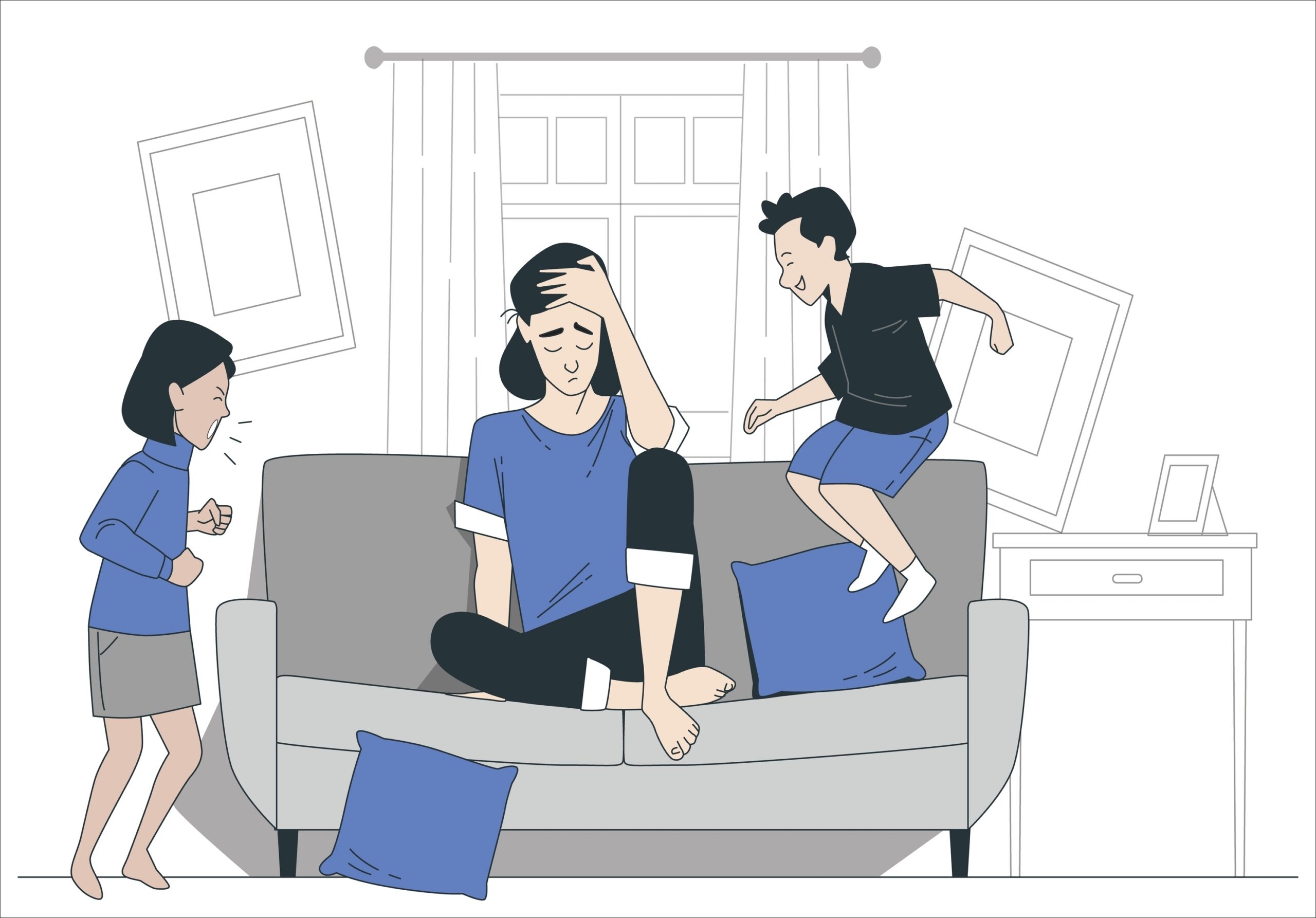 Young,Tired,Single,Mother,Suffers,From,Headache,Closed,Eyes,Touch