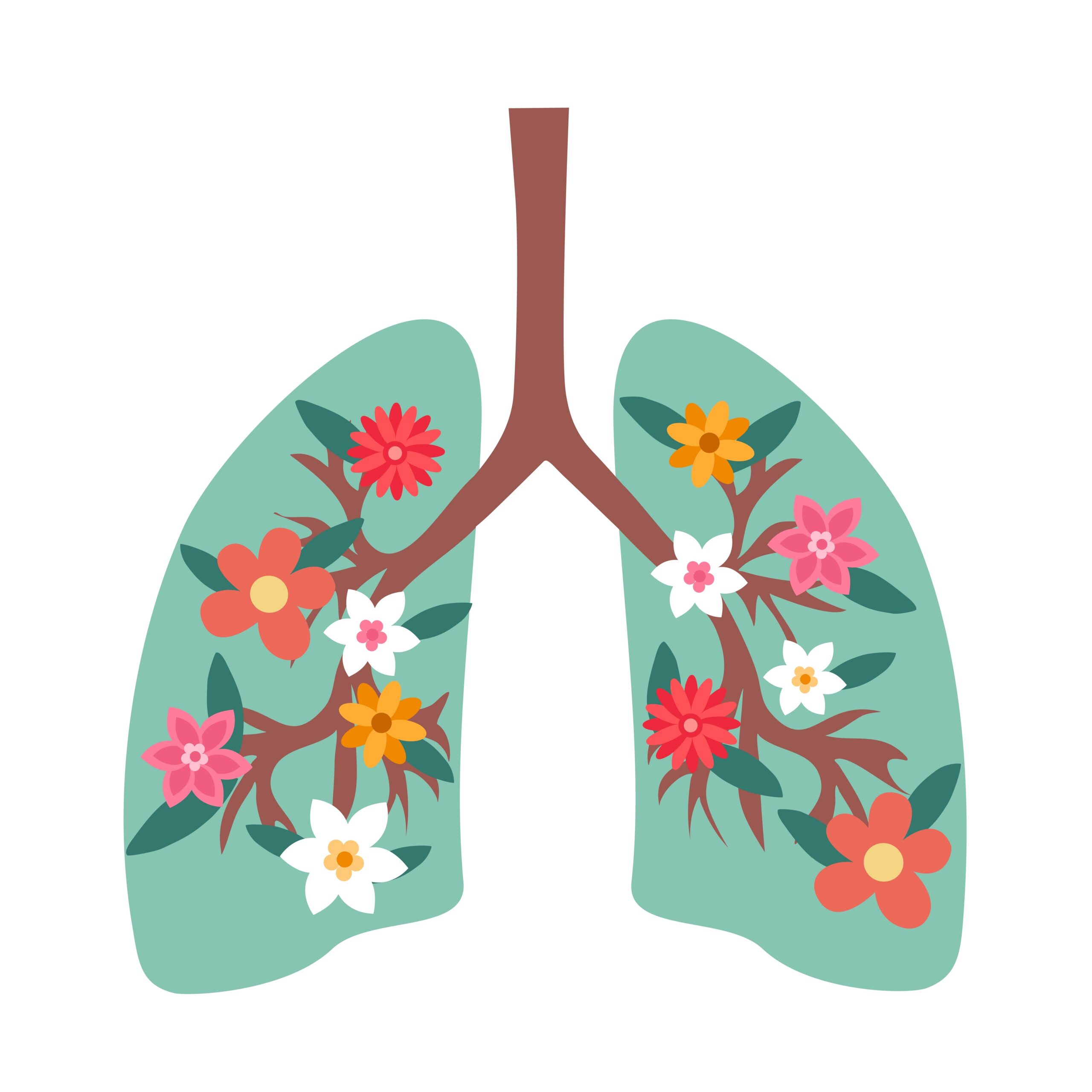 Illustrasjon av lunger. Lungene er erstattet med en kvist, som strekker seg ned i "lungene", fylt med blomster og planter