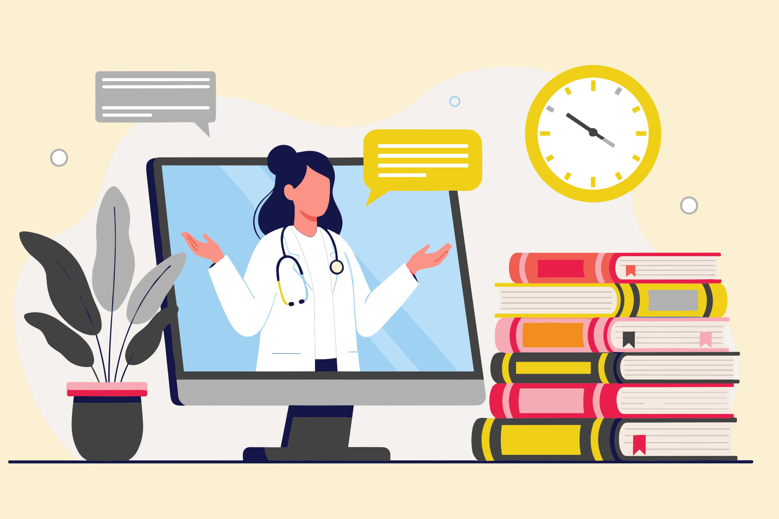 Illustrasjon av en lege som holder webinar for studenter. Viser pc, bøker og klokke.