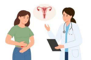 Illustrasjonsbilde av kvinne som tar seg til magen stående ved siden av kvinnelig lege med notatblokk i hånden. Over begge er det innsirklet et bilde at et illustrasjonsbilde av kvinnelig reproduksjonsorganer.