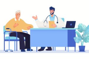 Illustrasjonsbilde viser en eldre mann sittende i konsultasjon med en lege i samtale. På bordet er også en laptop hos legen og det står en plante i bakgrunnen. Ment å illustrere en legekonsultasjon.