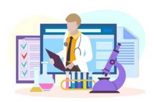 Et digitalt møte med lege knyttet til diagnostisering, undersøkelser og kvalifisert medisinsk hjelp. Ment å illustrere gjør kloke valg-tilnærming. I bildet er det også illustrert ulike kolber og laboratoriumsutstyr, samt skjemaer og en pc skjerm i bakgrunnen.