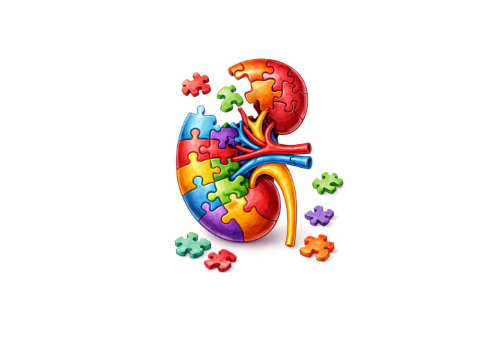 Illustrasjon av en nyre som er et puslespill i ulike farger