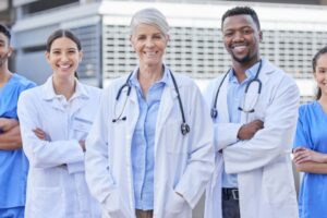 Fem smilende leger i legefrakk