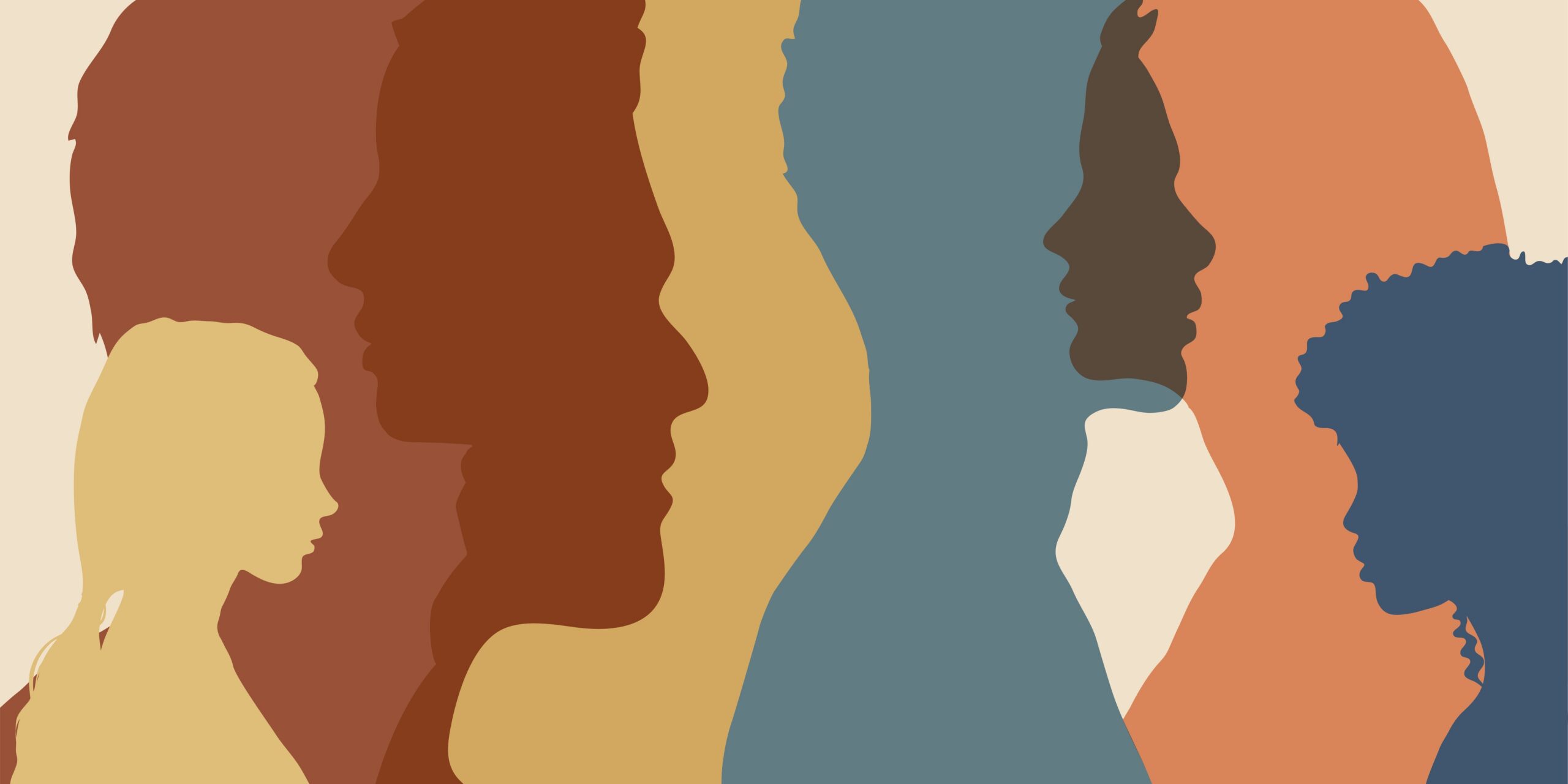 Illustrasjon av ulike typer mennesker sin siluette. Menneskene er i diverse farger