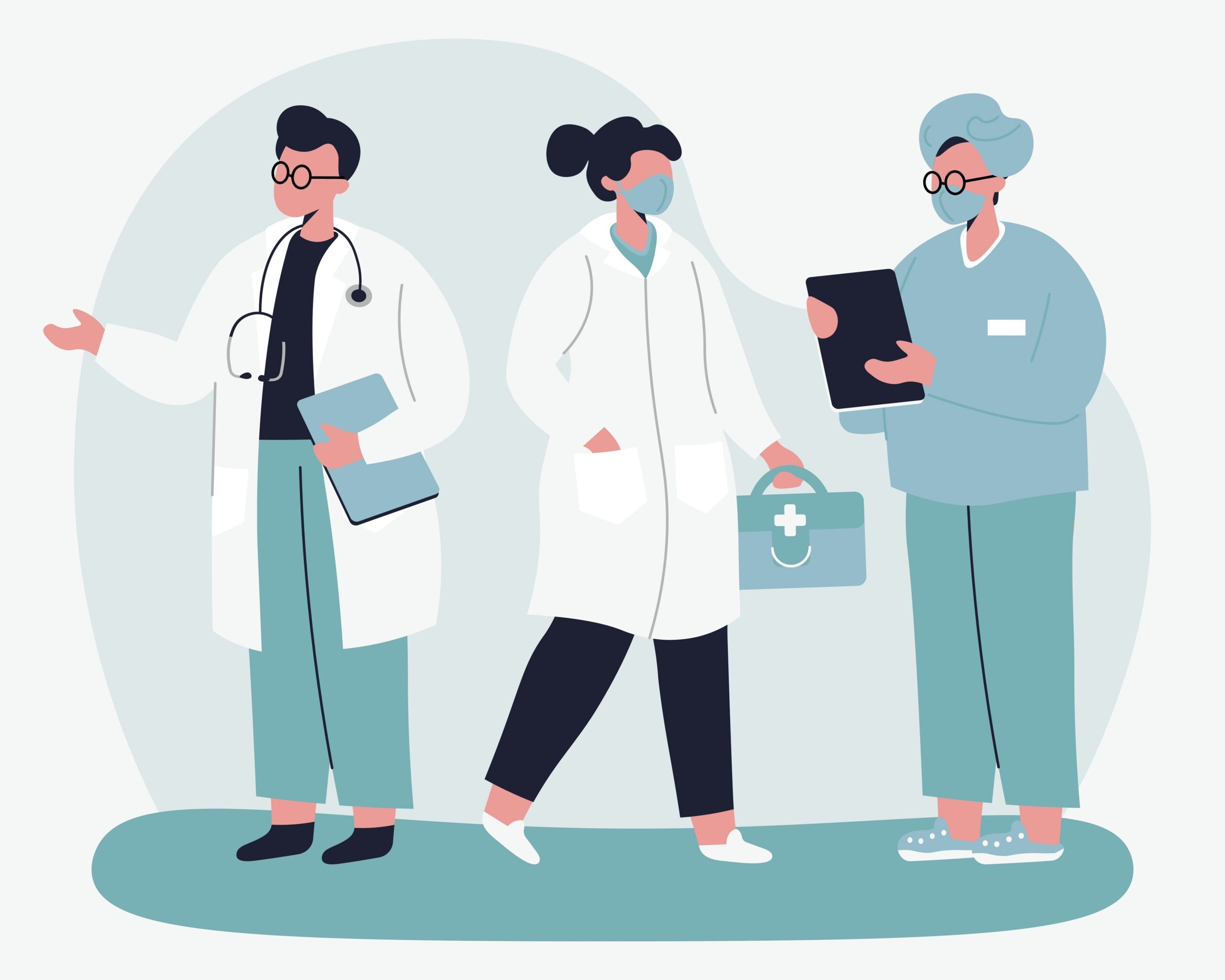 tegning av div helsepersonell, to menn og en dame, stående på en turkis flekk. Grå bakgrunn