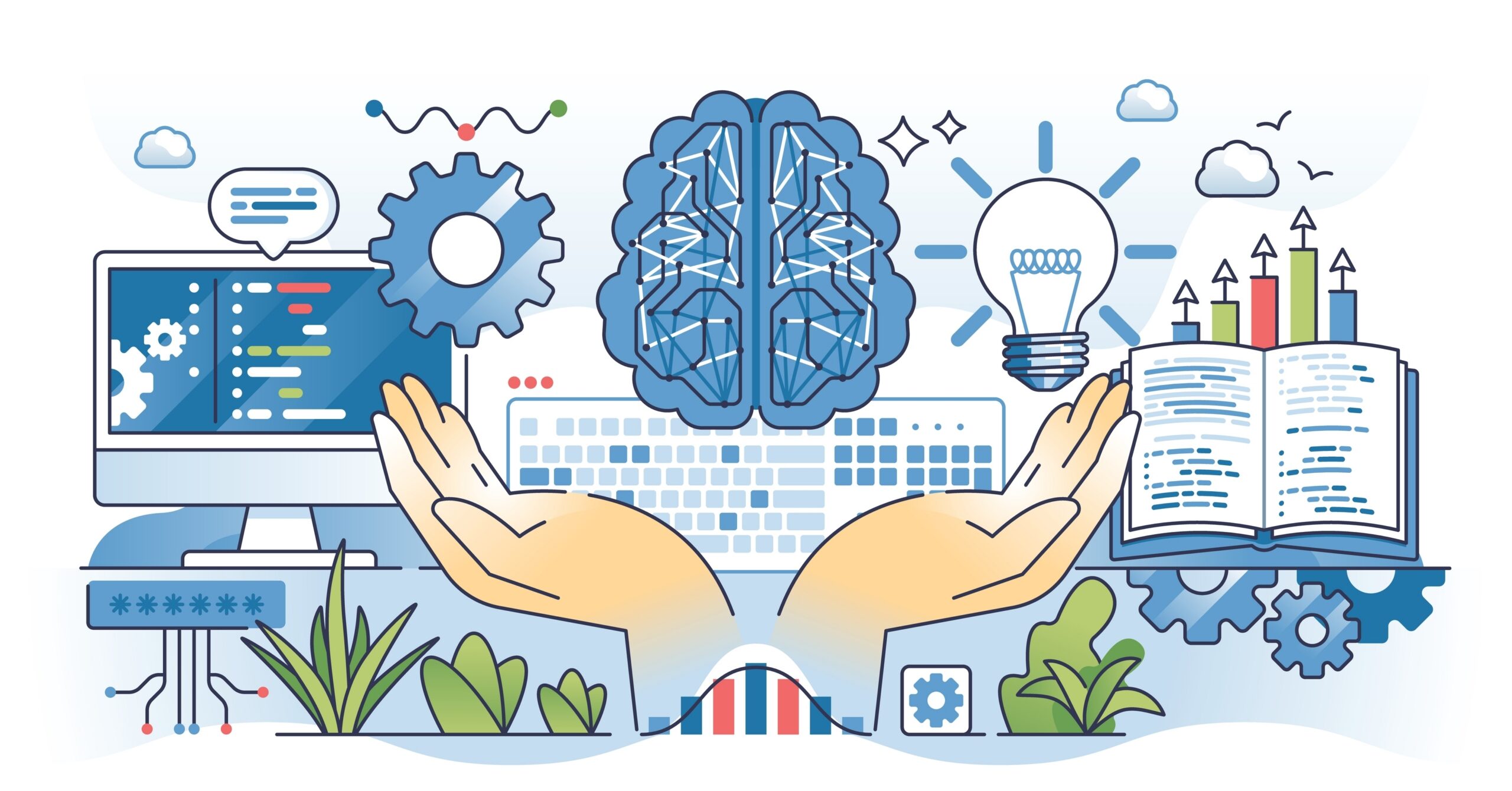 Illustrasjon som referer til læring, digitale verktøy, kunnskap, grafer