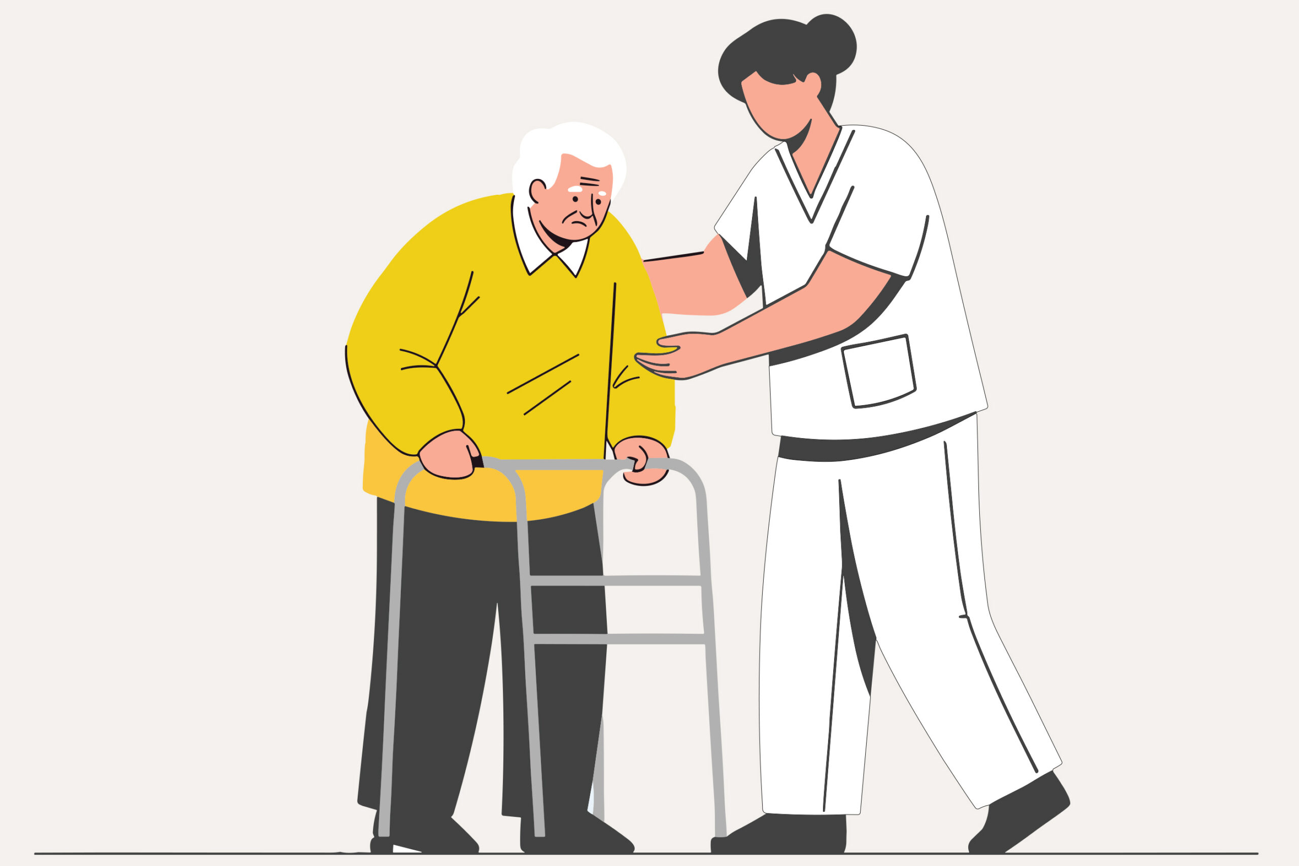 Tegning av geriatrisk pasient sammen med helsepersonell