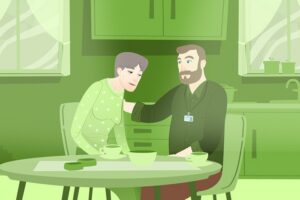 Illustrasjon av to mennesker som snakker sammen ved et bord
