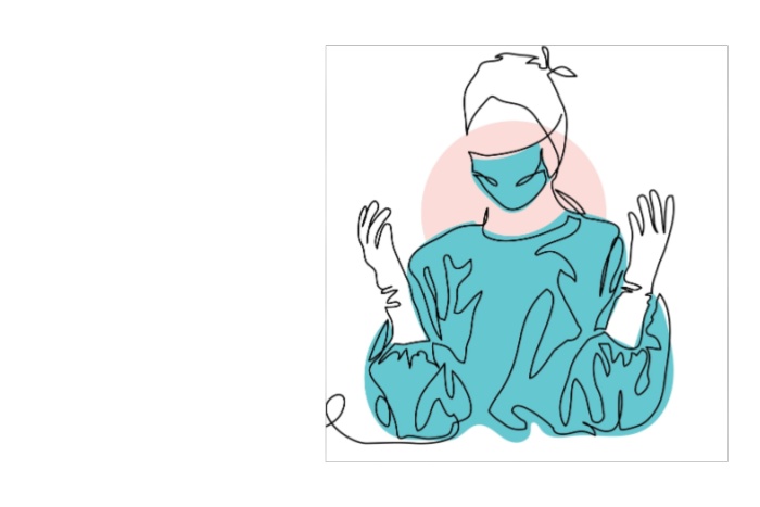 Operasjonssykepleier som har på seg hansker, munnbind og hette