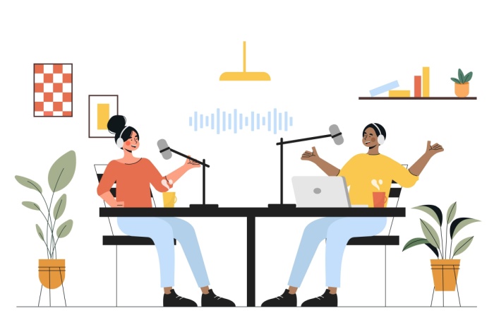 Illustrasjon av to stykker som sitter ved et bord og snakker inn podkast