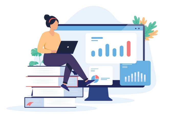 Illustrasjon av en dame som sitter oppå bøker foran en pc