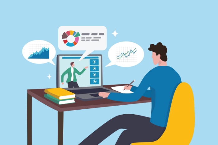 Illustrasjon av mann som sitter ved en pult foran en pc