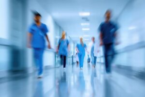 Helsepersonell som går i en gang