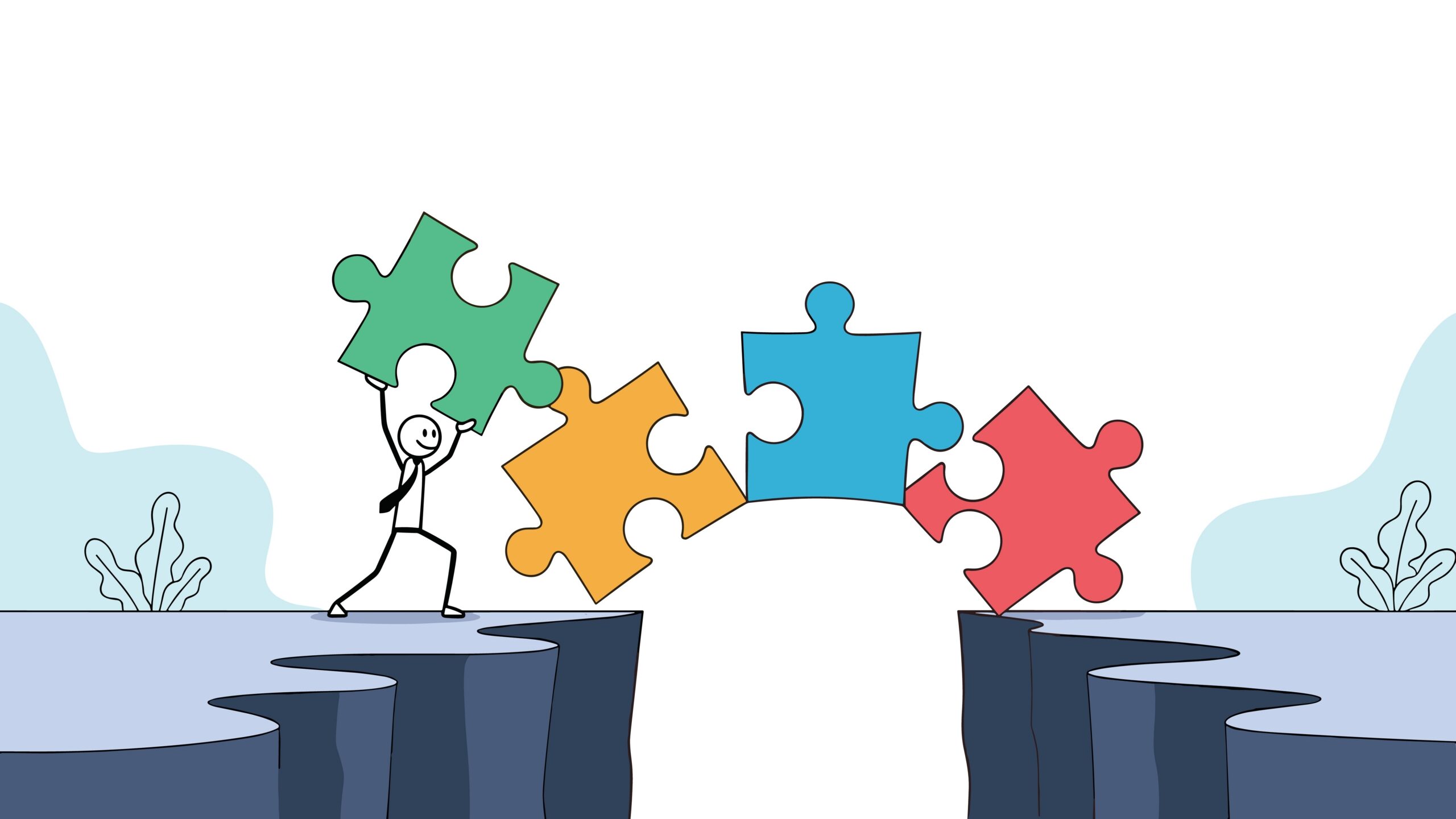 illustrasjon av en strekfigur som ved hjelp av puslespillbrikker fyller et gap og lager en bro