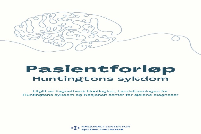 Forside til publikasjon om pasientforløp ved Huntingtons sykdom, med stilisert illustrasjon av en hjerne og avsenderinformasjon nederst