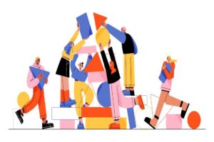Illustrasjon av seks personer som sammen håndterer og plasserer fargerike geometriske former, blant annet sirkler, trekanter, rektangler og blokker. Personene står, går og løfter elementene som bygger en felles struktur. Bildet symboliserer samarbeid, samhandling og felles problemløsning.