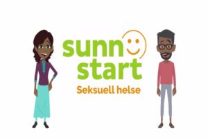 Illustrasjon med logoen “Sunn start” og teksten “Seksuell helse”, med to animerte personer på hver side av teksten.
