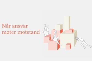 Illustrasjon av person som skyver på plass klosser, mens en sitter og to går forbi.