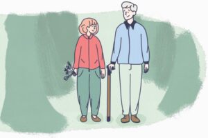 Illustrasjon av en eldre dame med blomster i hånden og en eldre mann med stokk