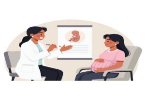 Illustrasjon av konsultasjon mellom helsepersonell og gravid person, med fosterillustrasjon vist på en tavle i bakgrunnen.