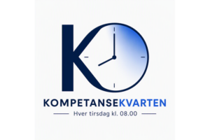 Logo med klokke med visere på kl 08. Tekst: Hver tirsdag kl 08.00